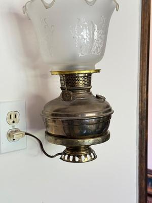 LOT 102K: Pair of Antique / Vintage Glass Shade Electric Brass Lamps w/ Wall Mounts