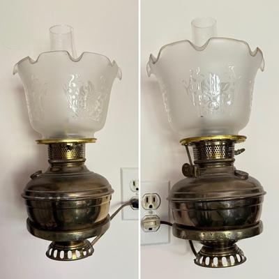 LOT 102K: Pair of Antique / Vintage Glass Shade Electric Brass Lamps w/ Wall Mounts