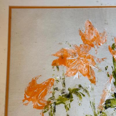 LOT 110L: Matted & Framed Orange Lily "Abstract" Flower Stencil Painting 'signed' Deena