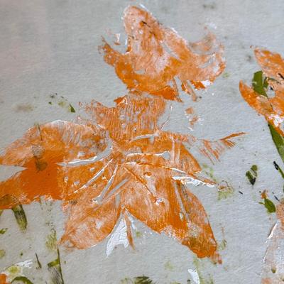 LOT 110L: Matted & Framed Orange Lily "Abstract" Flower Stencil Painting 'signed' Deena