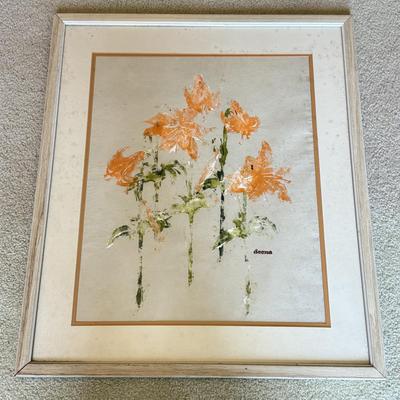 LOT 110L: Matted & Framed Orange Lily "Abstract" Flower Stencil Painting 'signed' Deena