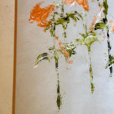 LOT 110L: Matted & Framed Orange Lily "Abstract" Flower Stencil Painting 'signed' Deena