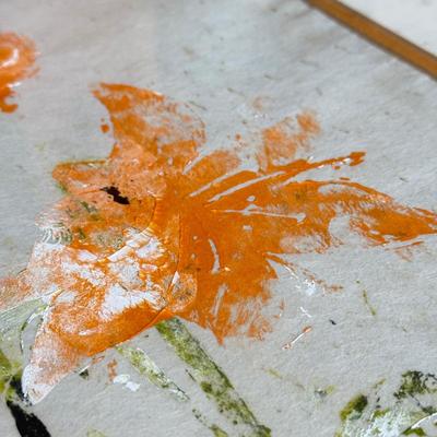 LOT 110L: Matted & Framed Orange Lily "Abstract" Flower Stencil Painting 'signed' Deena