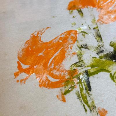 LOT 110L: Matted & Framed Orange Lily "Abstract" Flower Stencil Painting 'signed' Deena