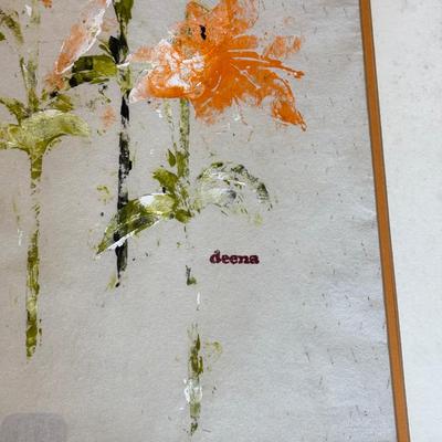 LOT 110L: Matted & Framed Orange Lily "Abstract" Flower Stencil Painting 'signed' Deena