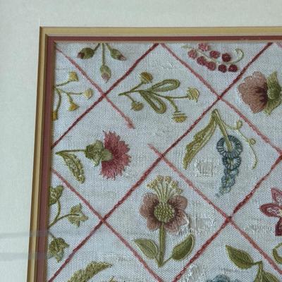 LOT 111L: Vintage Handmade Artwork: Victorian Floral Embroidery, Victorian Woman playing Music Cross Stitch in Oval Frame & Floral...