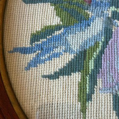 LOT 111L: Vintage Handmade Artwork: Victorian Floral Embroidery, Victorian Woman playing Music Cross Stitch in Oval Frame & Floral...