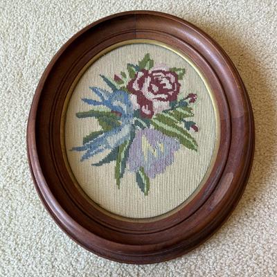 LOT 111L: Vintage Handmade Artwork: Victorian Floral Embroidery, Victorian Woman playing Music Cross Stitch in Oval Frame & Floral...