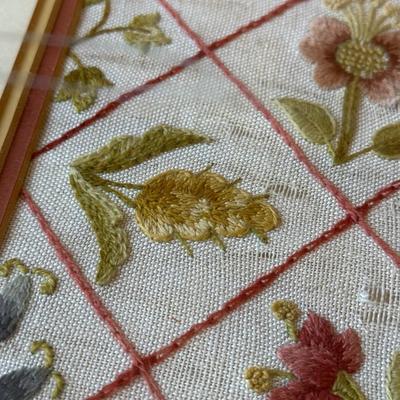 LOT 111L: Vintage Handmade Artwork: Victorian Floral Embroidery, Victorian Woman playing Music Cross Stitch in Oval Frame & Floral...