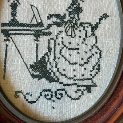 LOT 111L: Vintage Handmade Artwork: Victorian Floral Embroidery, Victorian Woman playing Music Cross Stitch in Oval Frame & Floral...