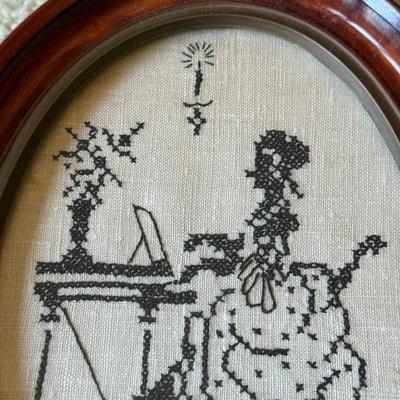LOT 111L: Vintage Handmade Artwork: Victorian Floral Embroidery, Victorian Woman playing Music Cross Stitch in Oval Frame & Floral...