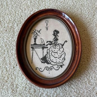 LOT 111L: Vintage Handmade Artwork: Victorian Floral Embroidery, Victorian Woman playing Music Cross Stitch in Oval Frame & Floral...