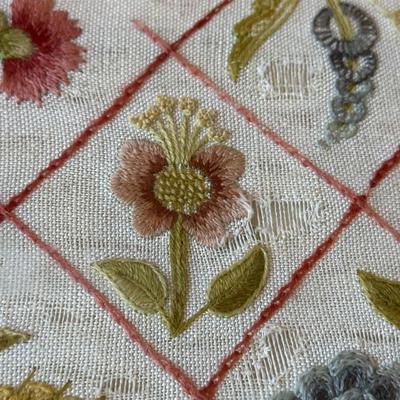 LOT 111L: Vintage Handmade Artwork: Victorian Floral Embroidery, Victorian Woman playing Music Cross Stitch in Oval Frame & Floral...