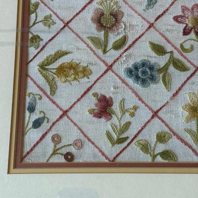 LOT 111L: Vintage Handmade Artwork: Victorian Floral Embroidery, Victorian Woman playing Music Cross Stitch in Oval Frame & Floral...