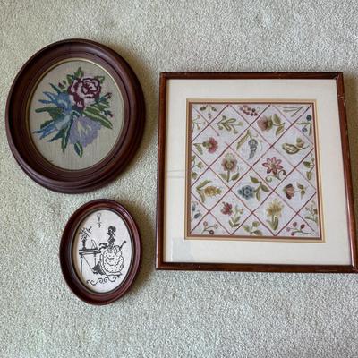 LOT 111L: Vintage Handmade Artwork: Victorian Floral Embroidery, Victorian Woman playing Music Cross Stitch in Oval Frame & Floral...