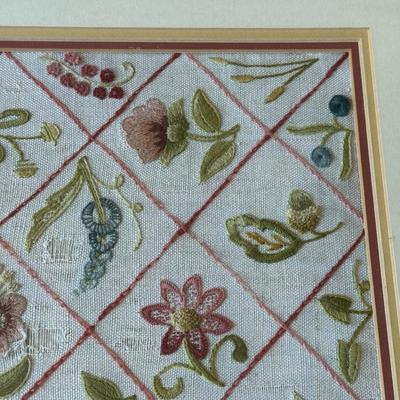 LOT 111L: Vintage Handmade Artwork: Victorian Floral Embroidery, Victorian Woman playing Music Cross Stitch in Oval Frame & Floral...