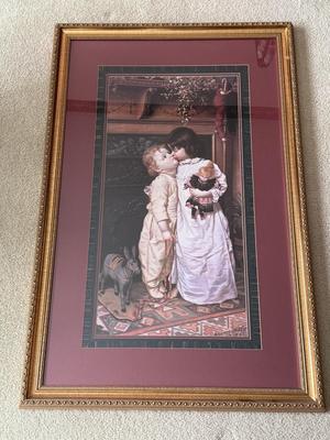 LOT 117L: Vintage "Under the Mistletoe" by Maurice Ingres (American/French 1855-?) Matted & Framed Art Print #2003 Crown...