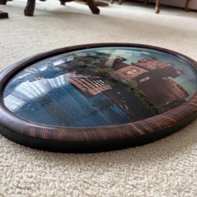 LOT 118L: Antique / Vintage Reverse Painting of Danube Castle in Oval Curved Bubble Glass Frame "On the Danuse"