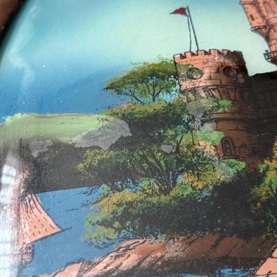 LOT 118L: Antique / Vintage Reverse Painting of Danube Castle in Oval Curved Bubble Glass Frame "On the Danuse"