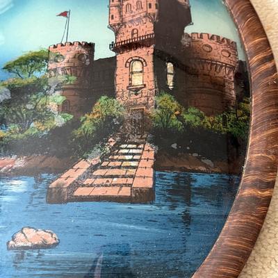 LOT 118L: Antique / Vintage Reverse Painting of Danube Castle in Oval Curved Bubble Glass Frame "On the Danuse"