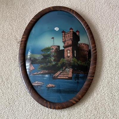 LOT 118L: Antique / Vintage Reverse Painting of Danube Castle in Oval Curved Bubble Glass Frame "On the Danuse"