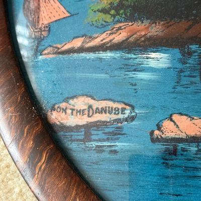 LOT 118L: Antique / Vintage Reverse Painting of Danube Castle in Oval Curved Bubble Glass Frame "On the Danuse"