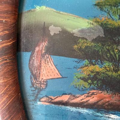 LOT 118L: Antique / Vintage Reverse Painting of Danube Castle in Oval Curved Bubble Glass Frame "On the Danuse"