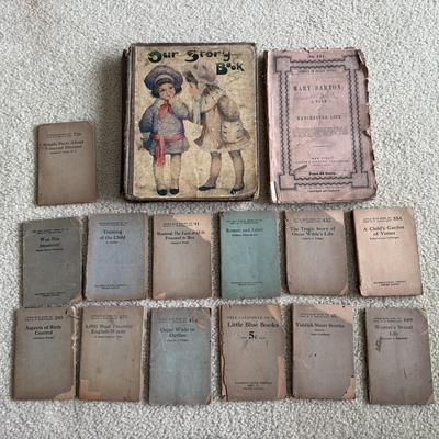 LOT 119F: 1916 Antique Children’s Book “Our Story Book,” 1920s Antique Little Blue Book Mini Paper Back Books (13) & 1940s A Tale of...