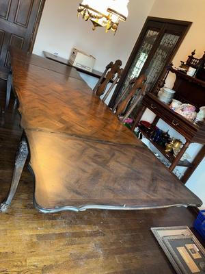LOT 125D: Antique 1890s Beautifully Carved French Wood Extendible Versailles Top Dining Table w/ 4 Matching Chairs