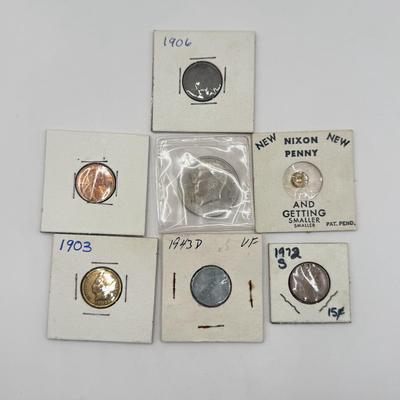 LOT 196J: Antique 1903 & 1906 “Indian Head” Pennies, Kennedy Half Dollar, 1943 Penny & More