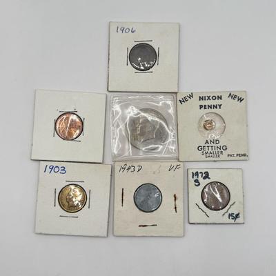 LOT 196J: Antique 1903 & 1906 “Indian Head” Pennies, Kennedy Half Dollar, 1943 Penny & More