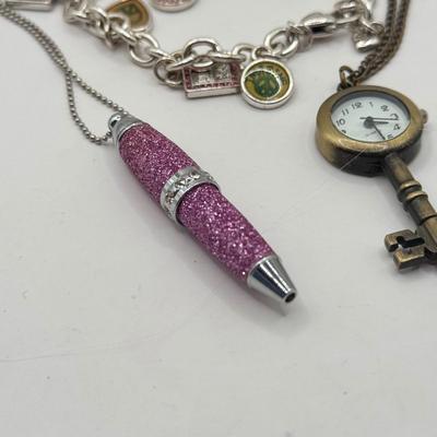 LOT 197J: Key Watch Necklace, Pen Necklace & Charm Bracelet