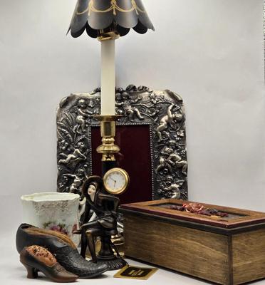 LOT 202D: Antique / Vintage Victorian Decor Collection: Signed Wooden Box, A Victor & Co Pin Cushion, Cherub Photo Frame & More