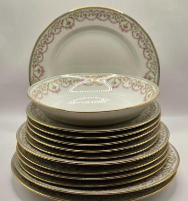 LOT 207K: Elite Works Limoges France Incomplete Set Including 3 Dinner Plates, 1 Soup Bowl, 4 Salad Plates, & 5 Dessert Plates