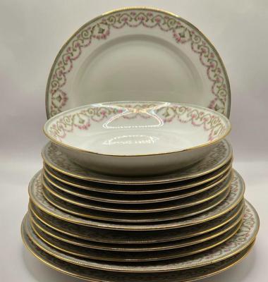 LOT 207K: Elite Works Limoges France Incomplete Set Including 3 Dinner Plates, 1 Soup Bowl, 4 Salad Plates, & 5 Dessert Plates