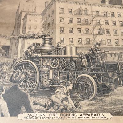 LOT 221L: Antique Modern Firefighting Apparatus Etching Prints circa 1910s-1920s: "Motorized Steeamers - Model Christie Tractor 1911...