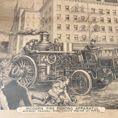 LOT 221L: Antique Modern Firefighting Apparatus Etching Prints circa 1910s-1920s: "Motorized Steeamers - Model Christie Tractor 1911...