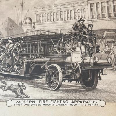LOT 221L: Antique Modern Firefighting Apparatus Etching Prints circa 1910s-1920s: "Motorized Steeamers - Model Christie Tractor 1911...