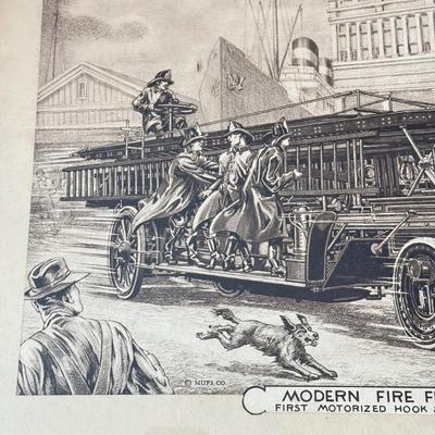 LOT 221L: Antique Modern Firefighting Apparatus Etching Prints circa 1910s-1920s: "Motorized Steeamers - Model Christie Tractor 1911...