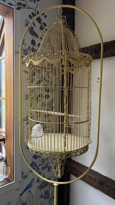LOT 222K: Antique / Early Vintage French Victorian Style Yellow Wrought Iron Birdcage w/ Glass Feeders