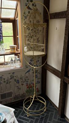 LOT 222K: Antique / Early Vintage French Victorian Style Yellow Wrought Iron Birdcage w/ Glass Feeders