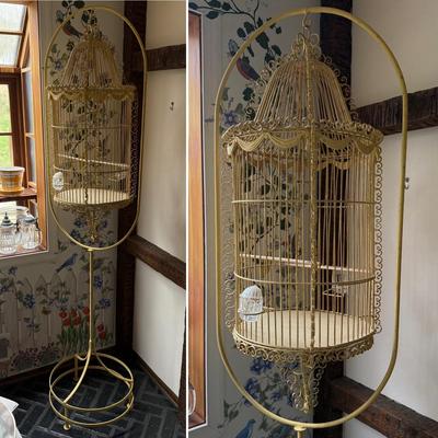 LOT 222K: Antique / Early Vintage French Victorian Style Yellow Wrought Iron Birdcage w/ Glass Feeders