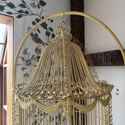 LOT 222K: Antique / Early Vintage French Victorian Style Yellow Wrought Iron Birdcage w/ Glass Feeders