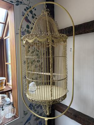 LOT 222K: Antique / Early Vintage French Victorian Style Yellow Wrought Iron Birdcage w/ Glass Feeders