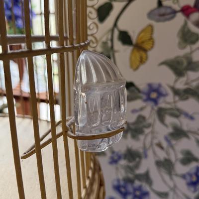 LOT 222K: Antique / Early Vintage French Victorian Style Yellow Wrought Iron Birdcage w/ Glass Feeders