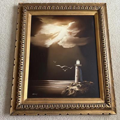 LOT 229L: Original Framed Lighthouse Oil Painting signed "Easter"