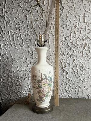 LOT 232F: Vintage Leviton Porcelain Embossed Roses Table Lamp & Framed Ming Dynasty: Dong Qichang's imitation of Huang...