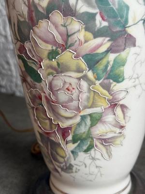 LOT 232F: Vintage Leviton Porcelain Embossed Roses Table Lamp & Framed Ming Dynasty: Dong Qichang's imitation of Huang...