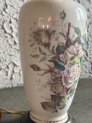 LOT 232F: Vintage Leviton Porcelain Embossed Roses Table Lamp & Framed Ming Dynasty: Dong Qichang's imitation of Huang...