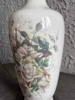 LOT 232F: Vintage Leviton Porcelain Embossed Roses Table Lamp & Framed Ming Dynasty: Dong Qichang's imitation of Huang...